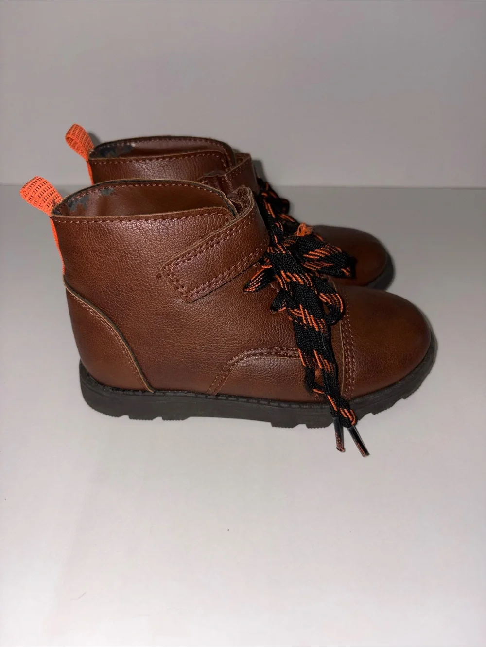 Carters- Kids Brown Leather Lace-Up Boots with Orange Accent